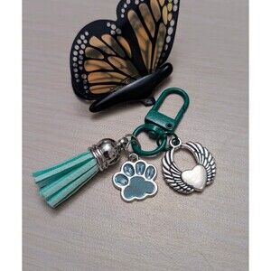 Green Glitter Pet Paw Wings Zipper Charm Handmade Clip Keychain